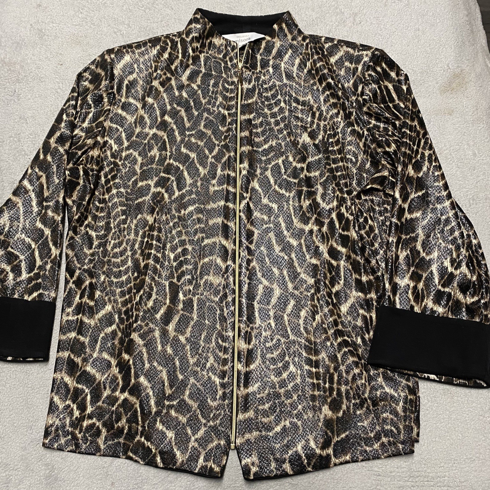 Misook Jacket Womens Large Animal Repltile Print Textured Zip Shoulder Pads